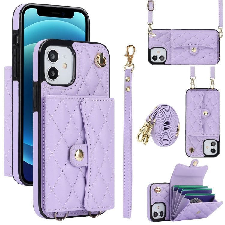 For iPhone 12 mini Crossbody Rhombic Horizontal Wallet Leather Phone Case(Purple) - iPhone 12 mini Cases by buy2fix | Online Shopping UK | buy2fix