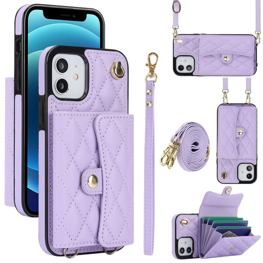 For iPhone 12 mini Crossbody Rhombic Horizontal Wallet Leather Phone Case(Purple) - iPhone 12 mini Cases by buy2fix | Online Shopping UK | buy2fix