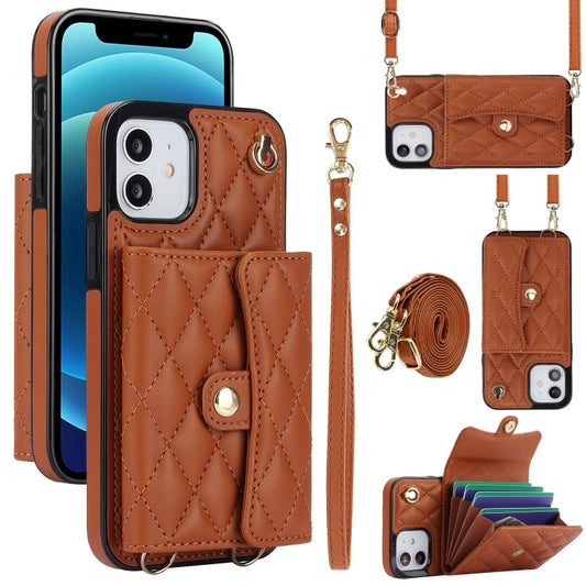 For iPhone 12 mini Crossbody Rhombic Horizontal Wallet Leather Phone Case(Brown) - iPhone 12 mini Cases by buy2fix | Online Shopping UK | buy2fix