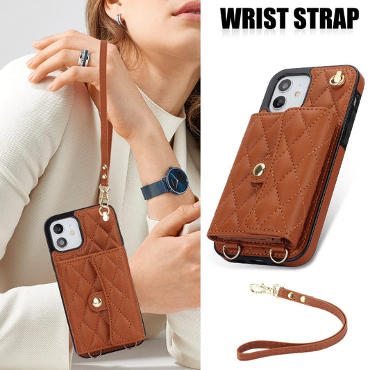 For iPhone 12 mini Crossbody Rhombic Horizontal Wallet Leather Phone Case(Brown) - iPhone 12 mini Cases by buy2fix | Online Shopping UK | buy2fix