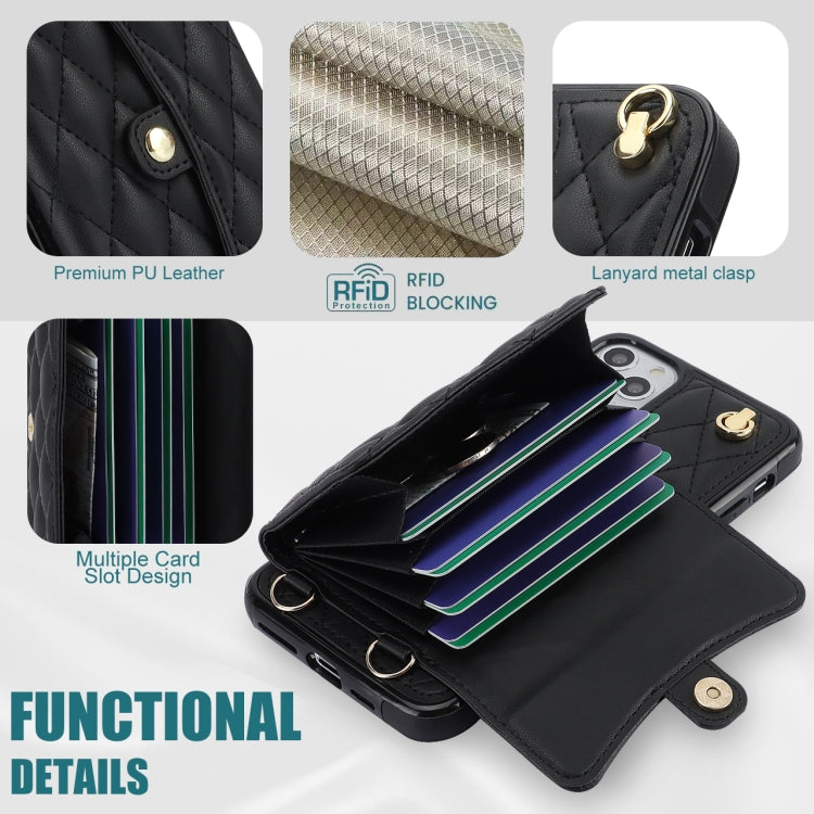 For iPhone 12 Pro Max Crossbody Rhombic Horizontal Wallet Leather Phone Case(Black) - iPhone 12 Pro Max Cases by buy2fix | Online Shopping UK | buy2fix
