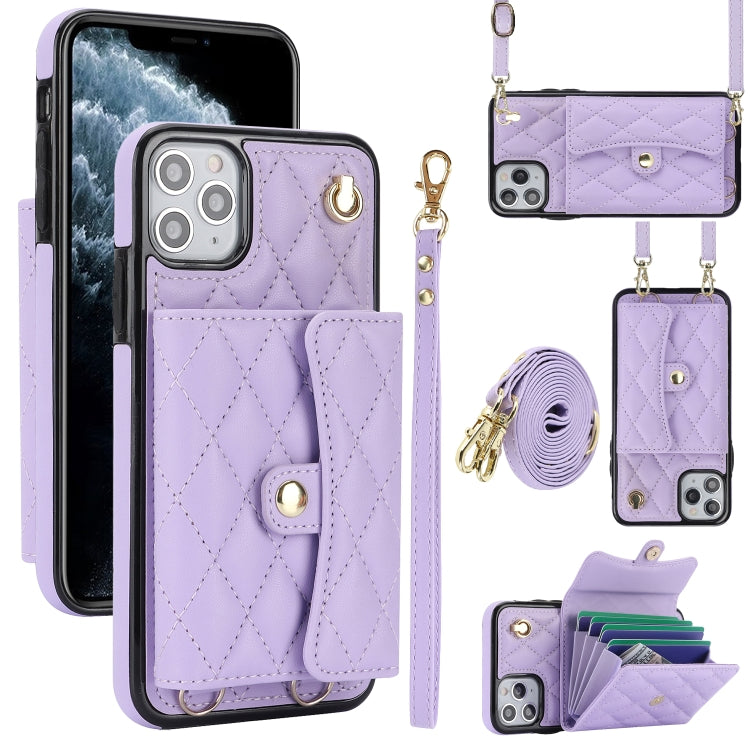 For iPhone 12 Pro Max Crossbody Rhombic Horizontal Wallet Leather Phone Case(Purple) - iPhone 12 Pro Max Cases by buy2fix | Online Shopping UK | buy2fix