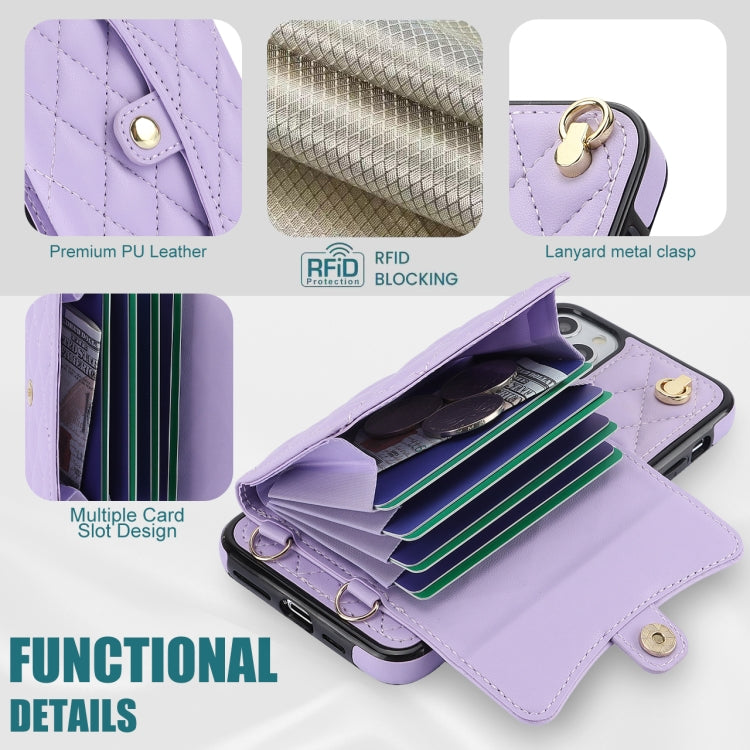 For iPhone 12 Pro Max Crossbody Rhombic Horizontal Wallet Leather Phone Case(Purple) - iPhone 12 Pro Max Cases by buy2fix | Online Shopping UK | buy2fix