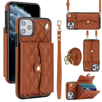 For iPhone 12 Pro Max Crossbody Rhombic Horizontal Wallet Leather Phone Case(Brown) - iPhone 12 Pro Max Cases by buy2fix | Online Shopping UK | buy2fix
