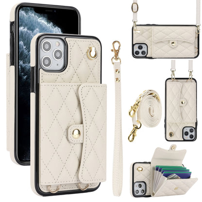 For iPhone 12 / 12 Pro Crossbody Rhombic Horizontal Wallet Leather Phone Case(White) - iPhone 12 / 12 Pro Cases by buy2fix | Online Shopping UK | buy2fix