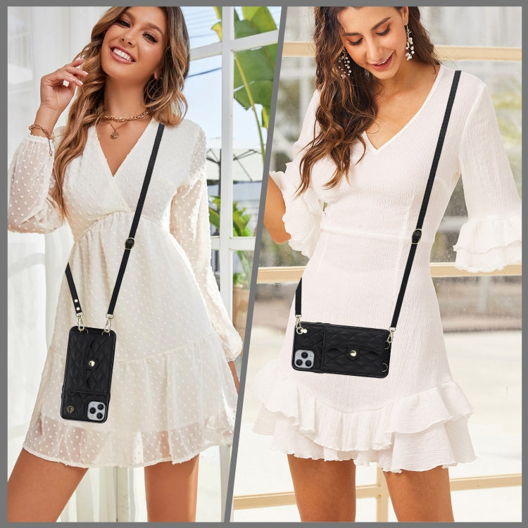 For iPhone 12 / 12 Pro Crossbody Rhombic Horizontal Wallet Leather Phone Case(Black) - iPhone 12 / 12 Pro Cases by buy2fix | Online Shopping UK | buy2fix