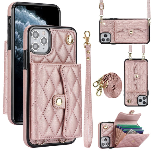 For iPhone 11 Pro Max Crossbody Rhombic Horizontal Wallet Leather Phone Case(Rose Gold) - iPhone 11 Pro Max Cases by buy2fix | Online Shopping UK | buy2fix
