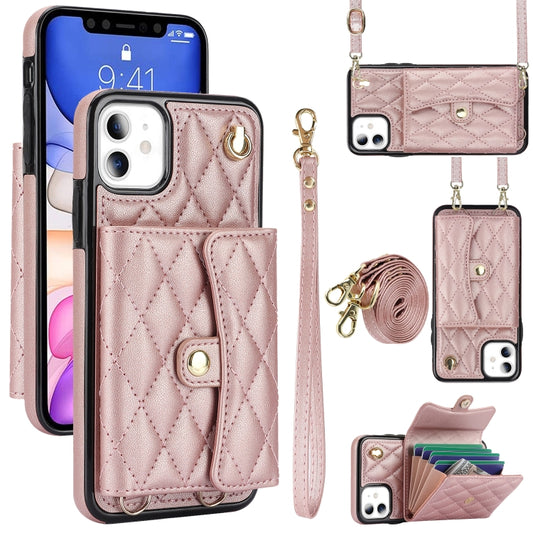 For iPhone 11 Crossbody Rhombic Horizontal Wallet Leather Phone Case(Rose Gold) - iPhone 11 Cases by buy2fix | Online Shopping UK | buy2fix