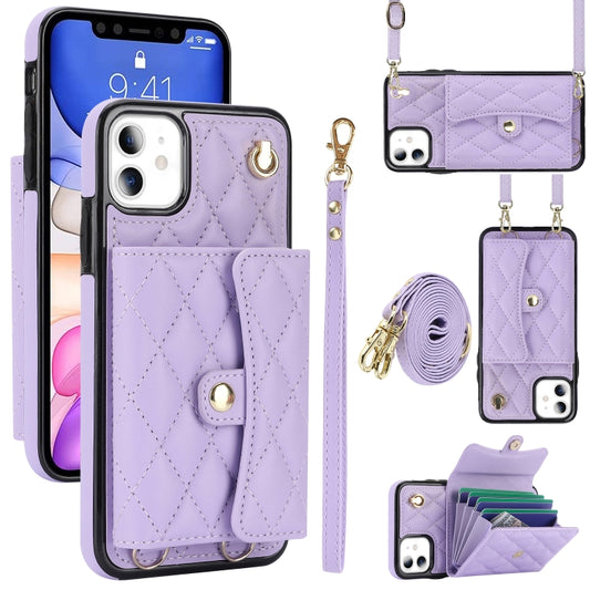 For iPhone 11 Crossbody Rhombic Horizontal Wallet Leather Phone Case(Purple) - iPhone 11 Cases by buy2fix | Online Shopping UK | buy2fix