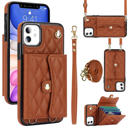 For iPhone 11 Crossbody Rhombic Horizontal Wallet Leather Phone Case(Brown) - iPhone 11 Cases by buy2fix | Online Shopping UK | buy2fix