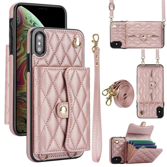 For iPhone XR Crossbody Rhombic Horizontal Wallet Leather Phone Case(Rose Gold) - More iPhone Cases by buy2fix | Online Shopping UK | buy2fix