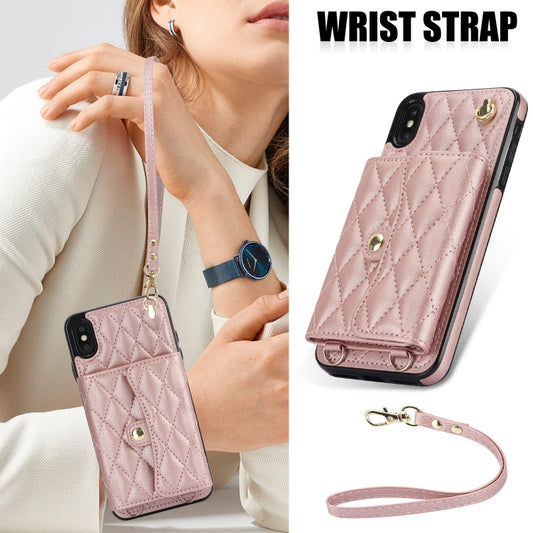 For iPhone XS Max Crossbody Rhombic Horizontal Wallet Leather Phone Case(Rose Gold) - More iPhone Cases by buy2fix | Online Shopping UK | buy2fix