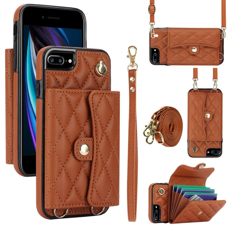 For iPhone 8 Plus / 7 Plus Crossbody Rhombic Horizontal Wallet Leather Phone Case(Brown) - More iPhone Cases by buy2fix | Online Shopping UK | buy2fix