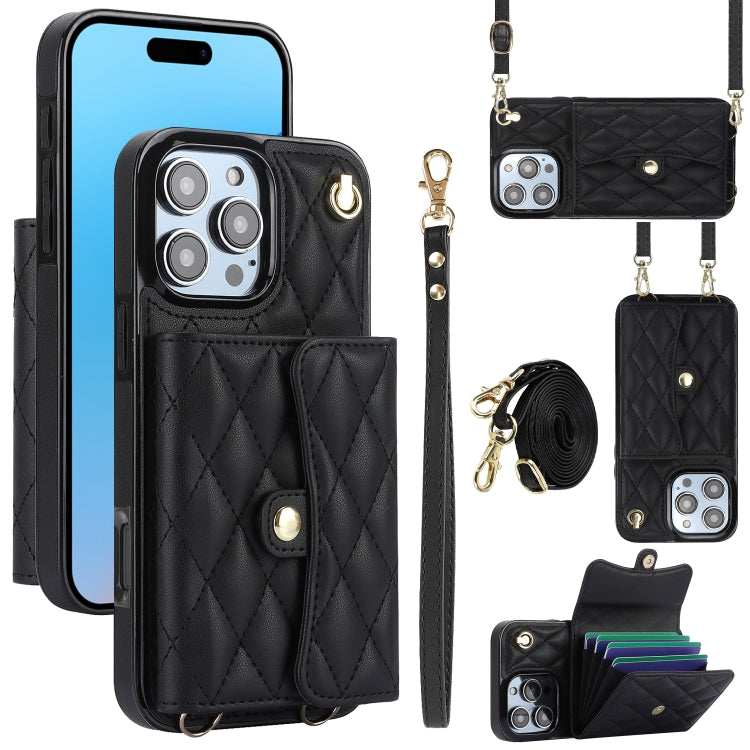 For iPhone 16 Pro Max Crossbody Rhombic Horizontal Wallet Leather Phone Case(Black) - iPhone 16 Pro Max Cases by buy2fix | Online Shopping UK | buy2fix