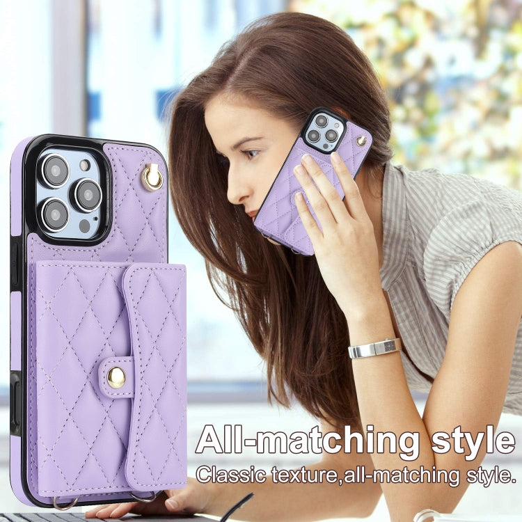For iPhone 16 Pro Max Crossbody Rhombic Horizontal Wallet Leather Phone Case(Purple) - iPhone 16 Pro Max Cases by buy2fix | Online Shopping UK | buy2fix
