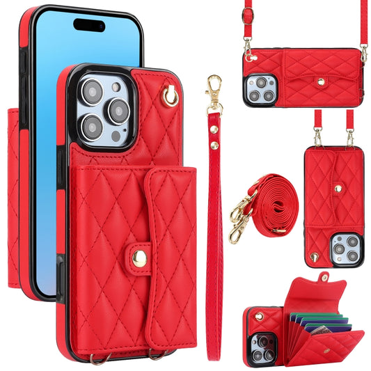 For iPhone 16 Pro Crossbody Rhombic Horizontal Wallet Leather Phone Case(Red) - iPhone 16 Pro Cases by buy2fix | Online Shopping UK | buy2fix