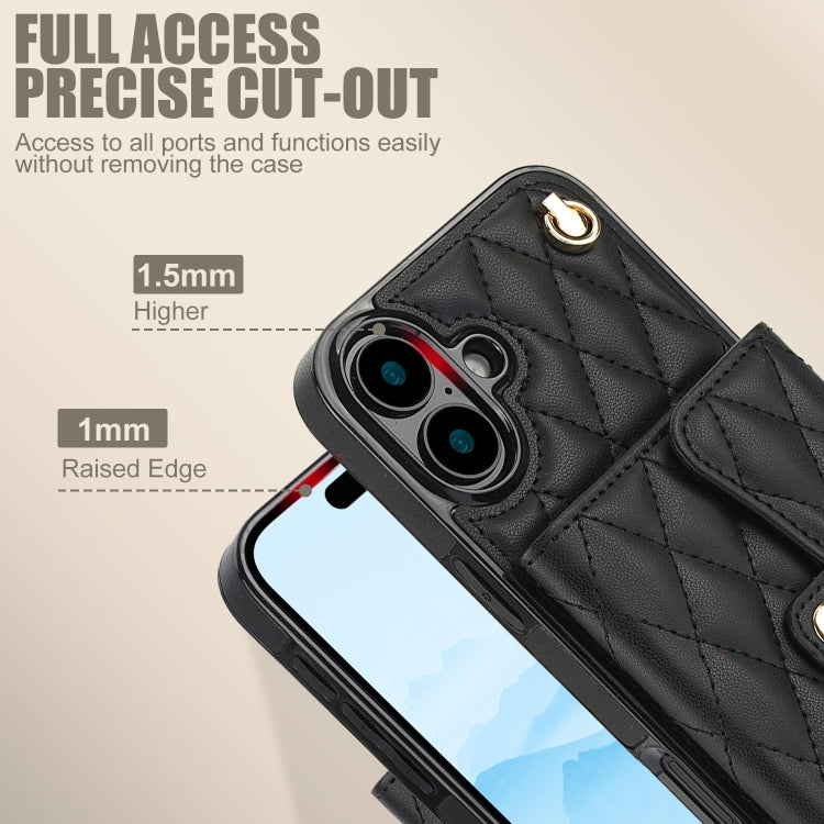 For iPhone 16 Plus Crossbody Rhombic Horizontal Wallet Leather Phone Case(Black) - iPhone 16 Plus Cases by buy2fix | Online Shopping UK | buy2fix