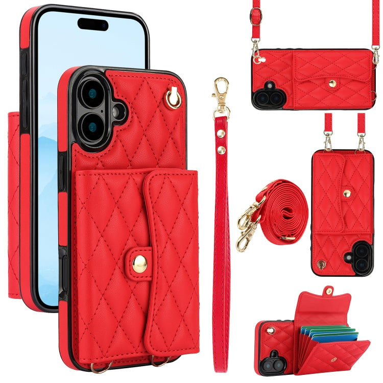 For iPhone 16 Plus Crossbody Rhombic Horizontal Wallet Leather Phone Case(Red) - iPhone 16 Plus Cases by buy2fix | Online Shopping UK | buy2fix