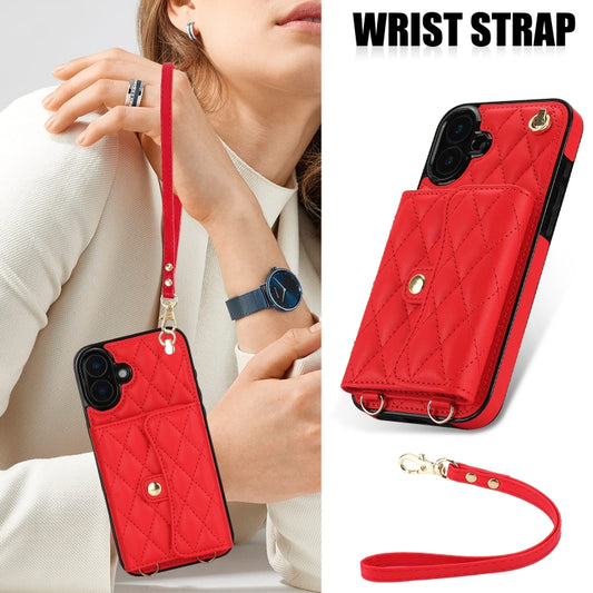 For iPhone 16 Plus Crossbody Rhombic Horizontal Wallet Leather Phone Case(Red) - iPhone 16 Plus Cases by buy2fix | Online Shopping UK | buy2fix