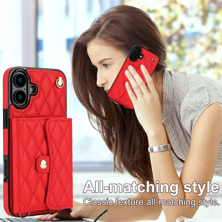 For iPhone 16 Plus Crossbody Rhombic Horizontal Wallet Leather Phone Case(Red) - iPhone 16 Plus Cases by buy2fix | Online Shopping UK | buy2fix