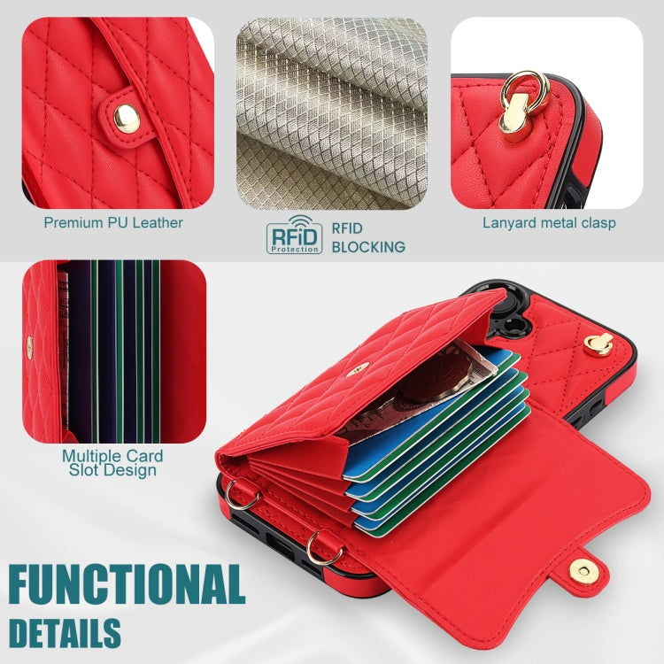 For iPhone 16 Plus Crossbody Rhombic Horizontal Wallet Leather Phone Case(Red) - iPhone 16 Plus Cases by buy2fix | Online Shopping UK | buy2fix