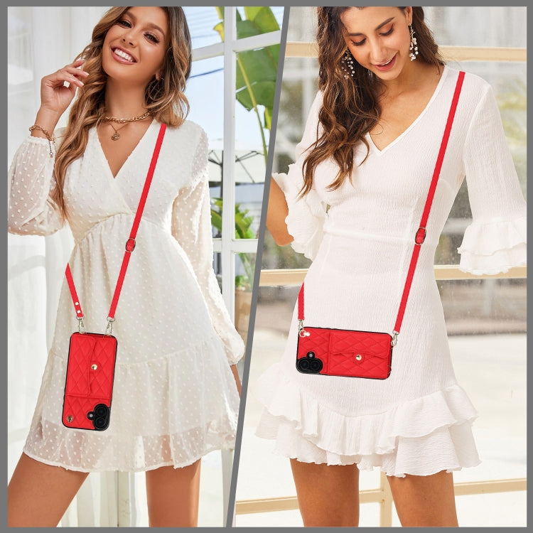 For iPhone 16 Plus Crossbody Rhombic Horizontal Wallet Leather Phone Case(Red) - iPhone 16 Plus Cases by buy2fix | Online Shopping UK | buy2fix