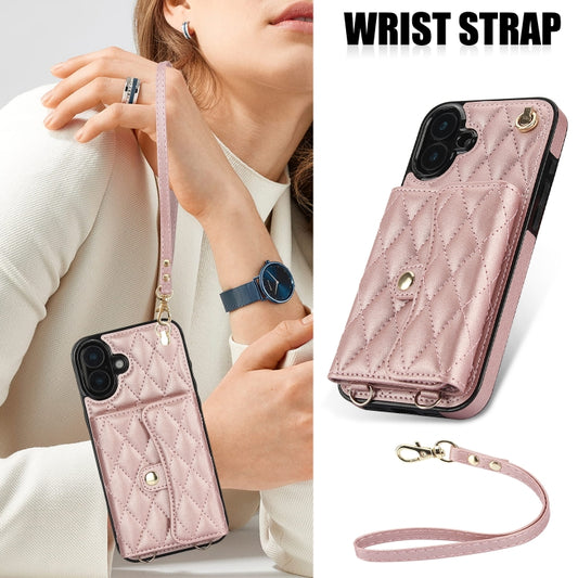For iPhone 16 Plus Crossbody Rhombic Horizontal Wallet Leather Phone Case(Rose Gold) - iPhone 16 Plus Cases by buy2fix | Online Shopping UK | buy2fix