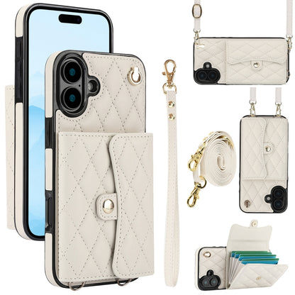 For iPhone 16 Crossbody Rhombic Horizontal Wallet Leather Phone Case(White) - iPhone 16 Cases by buy2fix | Online Shopping UK | buy2fix
