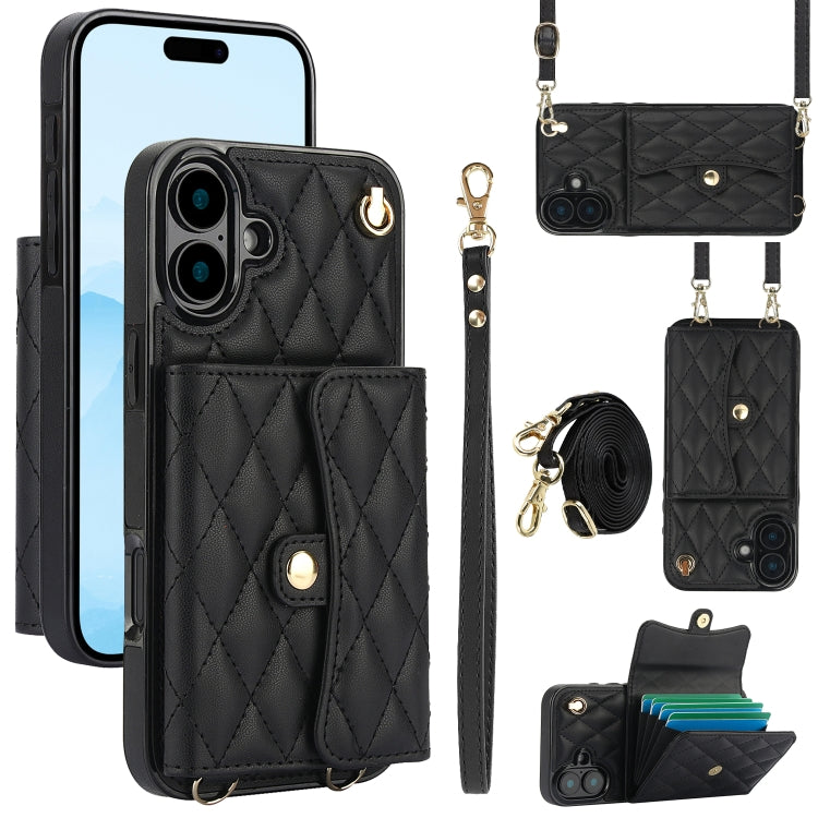 For iPhone 16 Crossbody Rhombic Horizontal Wallet Leather Phone Case(Black) - iPhone 16 Cases by buy2fix | Online Shopping UK | buy2fix