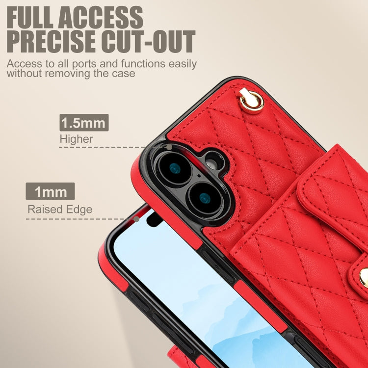 For iPhone 16 Crossbody Rhombic Horizontal Wallet Leather Phone Case(Red) - iPhone 16 Cases by buy2fix | Online Shopping UK | buy2fix