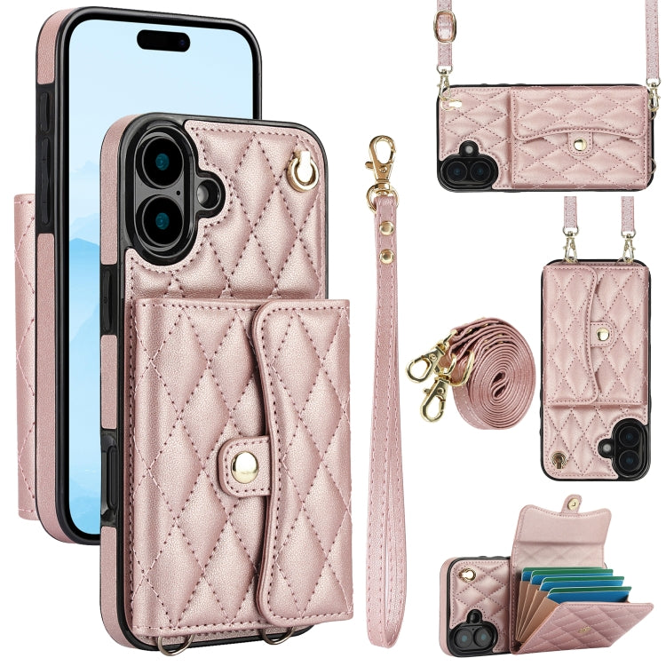 For iPhone 16 Crossbody Rhombic Horizontal Wallet Leather Phone Case(Rose Gold) by buy2fix