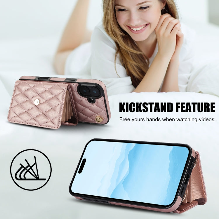 For iPhone 16 Crossbody Rhombic Horizontal Wallet Leather Phone Case(Rose Gold) by buy2fix