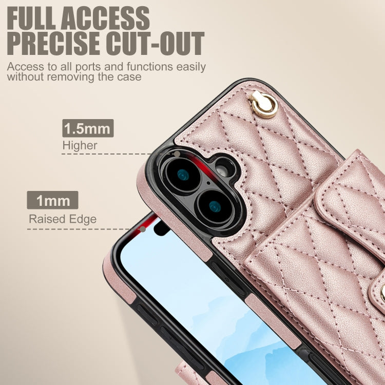 For iPhone 16 Crossbody Rhombic Horizontal Wallet Leather Phone Case(Rose Gold) by buy2fix