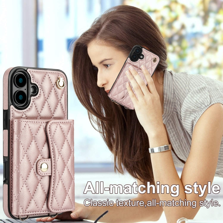For iPhone 16 Crossbody Rhombic Horizontal Wallet Leather Phone Case(Rose Gold) by buy2fix