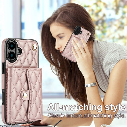 For iPhone 16 Crossbody Rhombic Horizontal Wallet Leather Phone Case(Rose Gold) by buy2fix