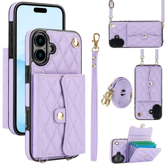 For iPhone 16 Crossbody Rhombic Horizontal Wallet Leather Phone Case(Purple) - iPhone 16 Cases by buy2fix | Online Shopping UK | buy2fix
