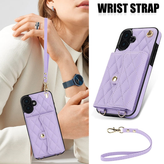 For iPhone 16 Crossbody Rhombic Horizontal Wallet Leather Phone Case(Purple) - iPhone 16 Cases by buy2fix | Online Shopping UK | buy2fix