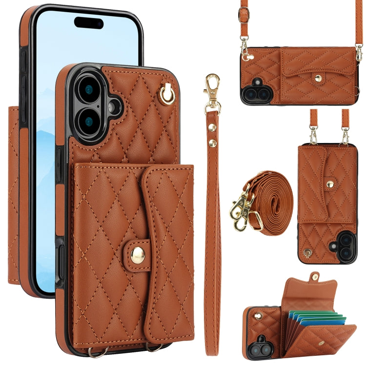 For iPhone 16 Crossbody Rhombic Horizontal Wallet Leather Phone Case(Brown) - iPhone 16 Cases by buy2fix | Online Shopping UK | buy2fix