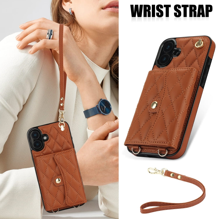 For iPhone 16 Crossbody Rhombic Horizontal Wallet Leather Phone Case(Brown) - iPhone 16 Cases by buy2fix | Online Shopping UK | buy2fix
