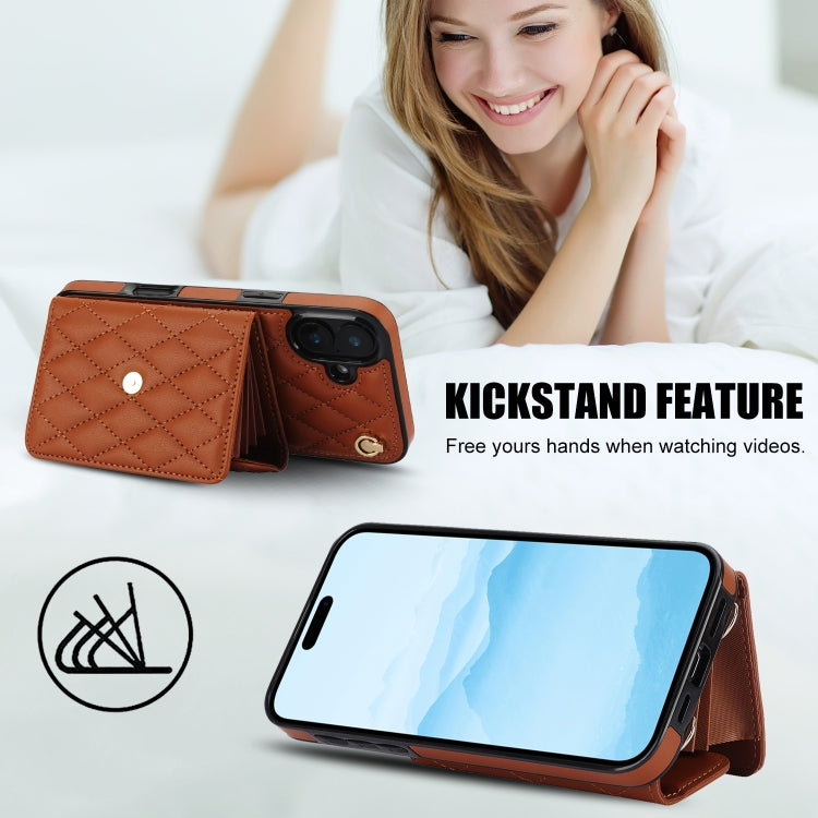 For iPhone 16 Crossbody Rhombic Horizontal Wallet Leather Phone Case(Brown) - iPhone 16 Cases by buy2fix | Online Shopping UK | buy2fix