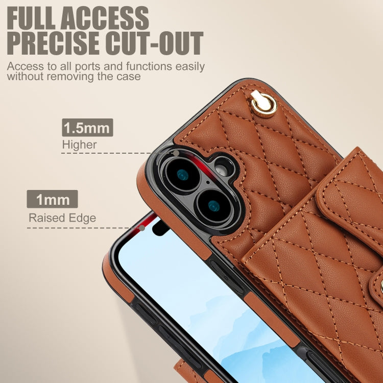 For iPhone 16 Crossbody Rhombic Horizontal Wallet Leather Phone Case(Brown) - iPhone 16 Cases by buy2fix | Online Shopping UK | buy2fix
