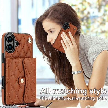 For iPhone 16 Crossbody Rhombic Horizontal Wallet Leather Phone Case(Brown) - iPhone 16 Cases by buy2fix | Online Shopping UK | buy2fix