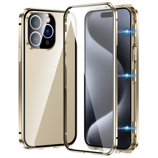 For iPhone 15 Pro Magnetic Double-buckle HD Tempered Glass Phone Case(Gold)