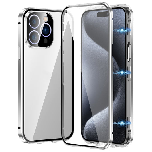 For iPhone 15 Pro Magnetic Double-buckle HD Tempered Glass Phone Case(Silver) - iPhone 15 Pro Cases by buy2fix | Online Shopping UK | buy2fix