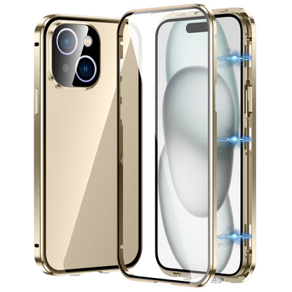 For iPhone 15 Plus Magnetic Double-buckle HD Tempered Glass Phone Case(Gold) - iPhone 15 Plus Cases by buy2fix | Online Shopping UK | buy2fix