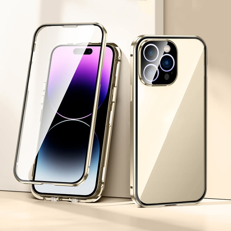 For iPhone 15 Plus Magnetic Double-buckle HD Tempered Glass Phone Case(Gold) - iPhone 15 Plus Cases by buy2fix | Online Shopping UK | buy2fix