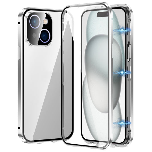 For iPhone 15 Plus Magnetic Double-buckle HD Tempered Glass Phone Case(Silver) - iPhone 15 Plus Cases by buy2fix | Online Shopping UK | buy2fix