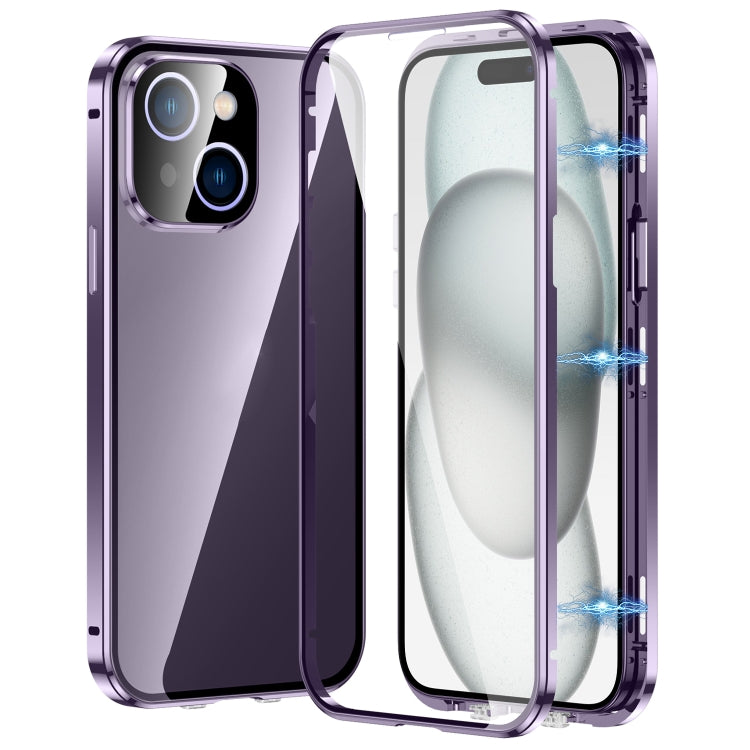 For iPhone 15 Plus Magnetic Double-buckle HD Tempered Glass Phone Case(Purple) - iPhone 15 Plus Cases by buy2fix | Online Shopping UK | buy2fix
