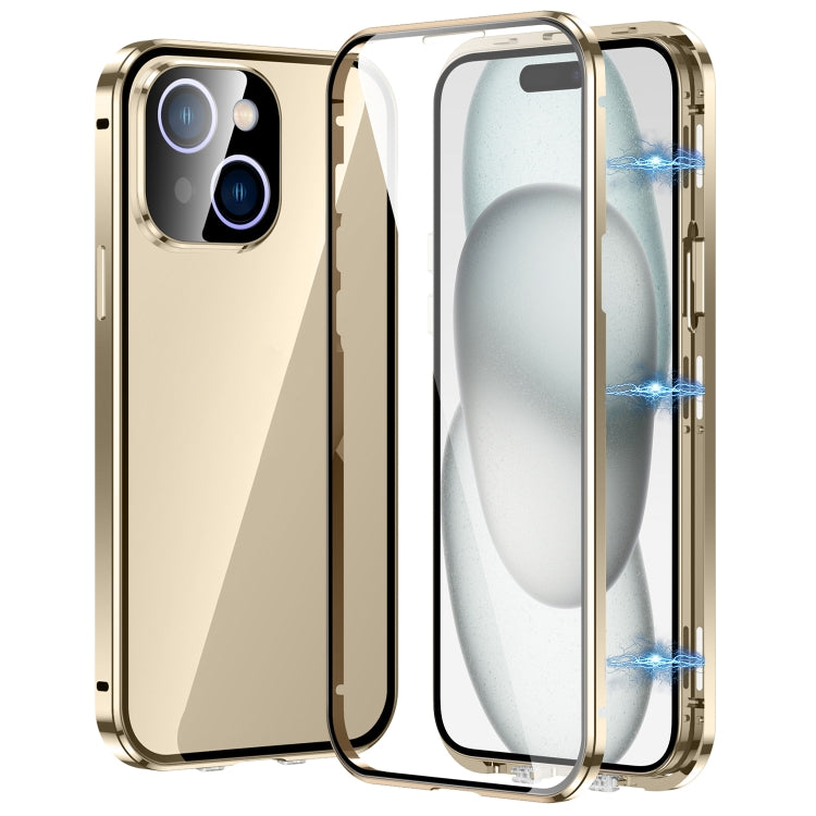 For iPhone 15 Magnetic Double-buckle HD Tempered Glass Phone Case(Gold) - iPhone 15 Cases by buy2fix | Online Shopping UK | buy2fix