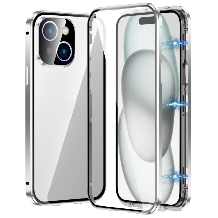 For iPhone 15 Magnetic Double-buckle HD Tempered Glass Phone Case(Silver) - iPhone 15 Cases by buy2fix | Online Shopping UK | buy2fix